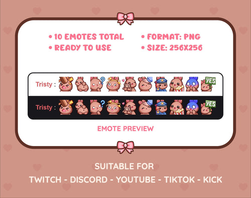 Brown Bunny Twitch emote pack preview displaying all 10 emotes with format and size information.