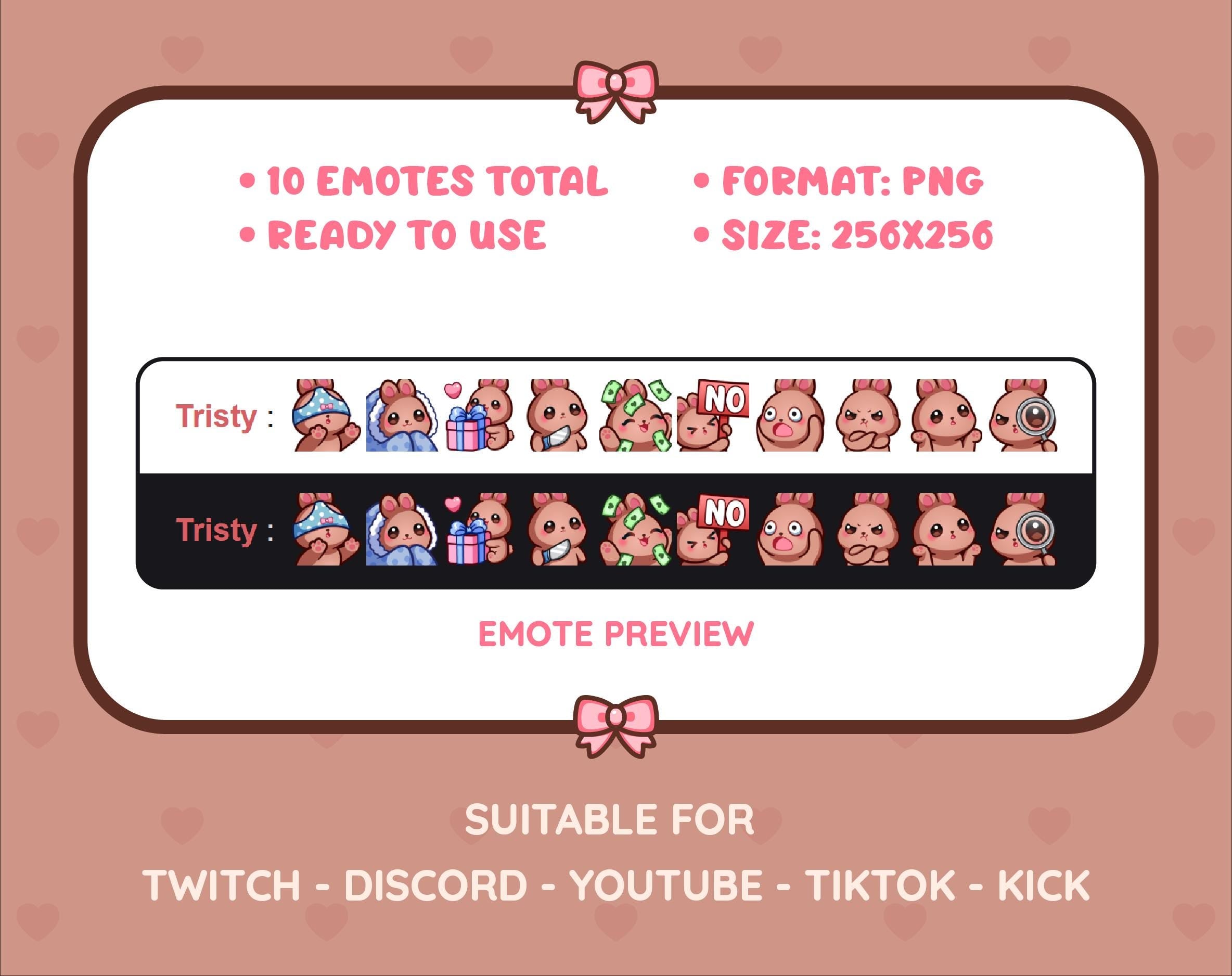 Brown Bunny Twitch emote pack preview displaying all 10 emotes with format and size information.