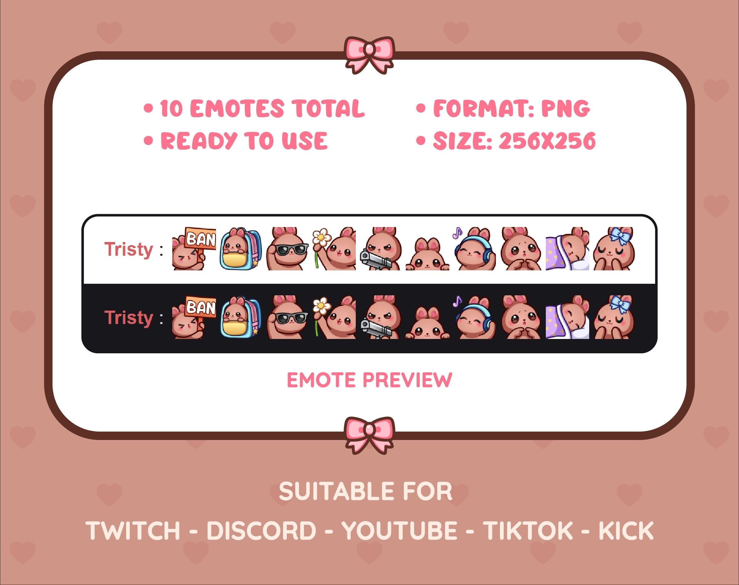Brown Bunny Twitch emote pack preview displaying all 10 emotes with format and size information.