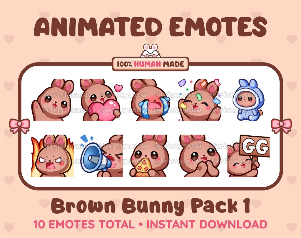Brown Bunny animated Twitch emote pack featuring 10 emotes including GG, angry, cry, and hype.