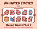 Brown Bunny animated Twitch emote pack featuring 10 emotes including GG, angry, cry, and hype.