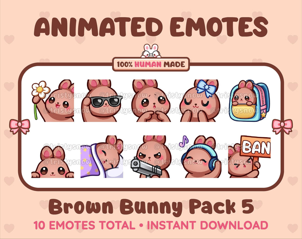 Brown Bunny animated Twitch emote pack featuring 10 emotes including flower, cool, plead, and lurk.