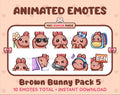 Brown Bunny animated Twitch emote pack featuring 10 emotes including flower, cool, plead, and lurk.