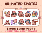 Brown Bunny animated Twitch emote pack featuring 10 emotes including flower, cool, plead, and lurk.