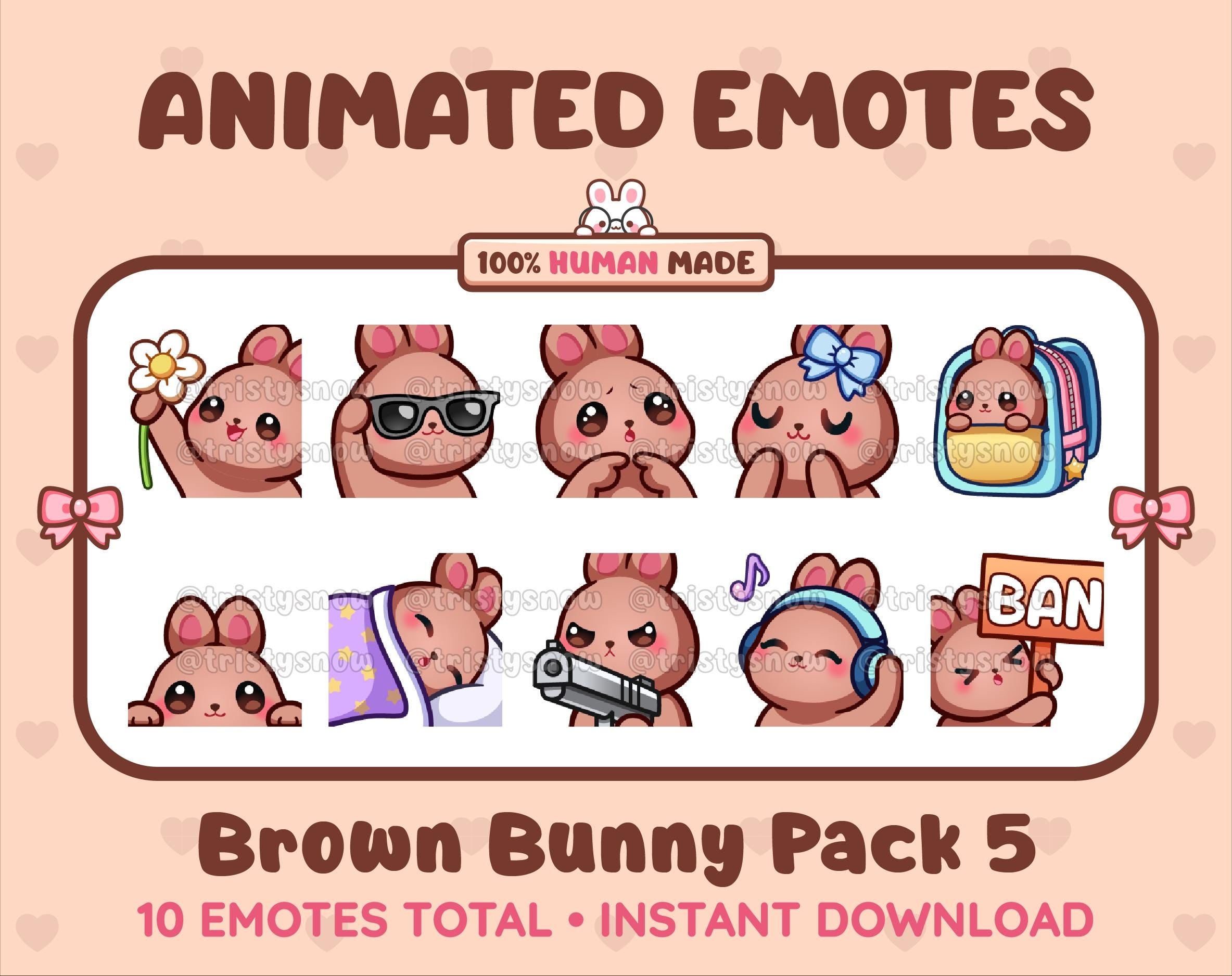 Brown Bunny animated Twitch emote pack featuring 10 emotes including flower, cool, plead, and lurk.