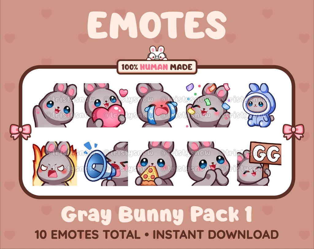 Gray Bunny Twitch emote pack featuring 10 emotes including GG, angry, cry, and hype.
