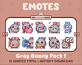 Gray Bunny Twitch emote pack featuring 10 emotes including GG, angry, cry, and hype.