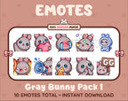 Gray Bunny Twitch emote pack featuring 10 emotes including GG, angry, cry, and hype.