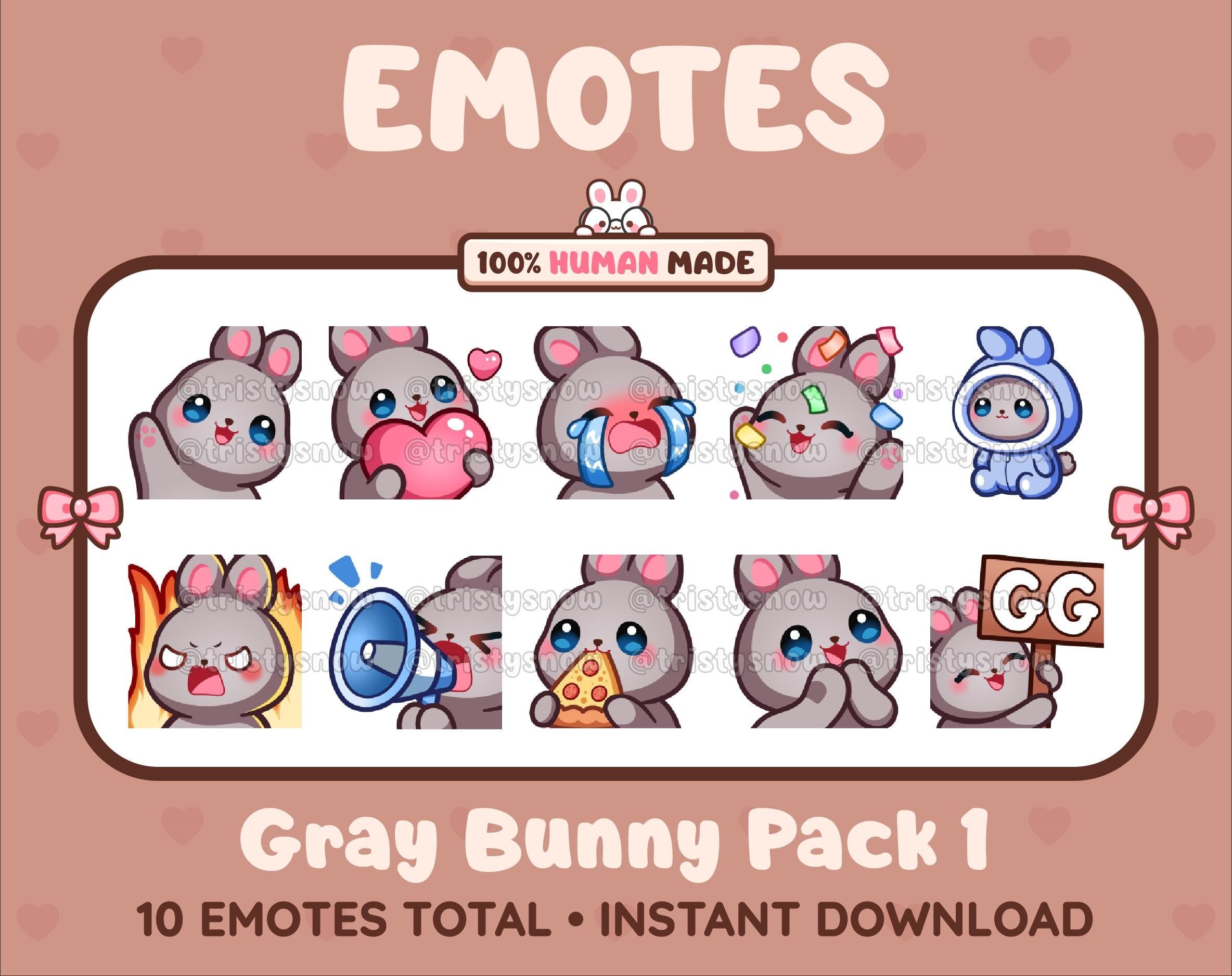 Gray Bunny Twitch emote pack featuring 10 emotes including GG, angry, cry, and hype.
