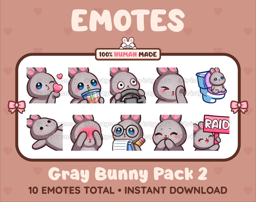 Gray Bunny Twitch emote pack featuring 10 emotes including kiss, facepalm, shy, and raid.