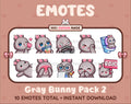 Gray Bunny Twitch emote pack featuring 10 emotes including kiss, facepalm, shy, and raid.