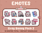 Gray Bunny Twitch emote pack featuring 10 emotes including kiss, facepalm, shy, and raid.