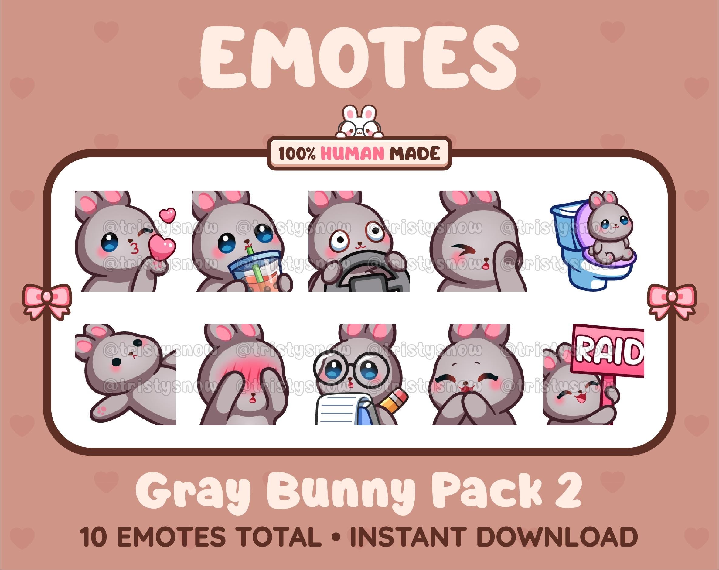 Gray Bunny Twitch emote pack featuring 10 emotes including kiss, facepalm, shy, and raid.