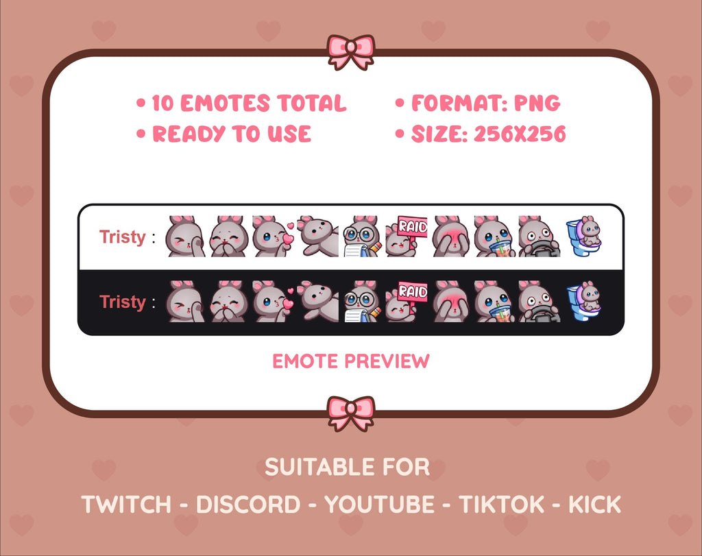 Gray Bunny Twitch emote pack preview displaying all 10 emotes with format and size information.