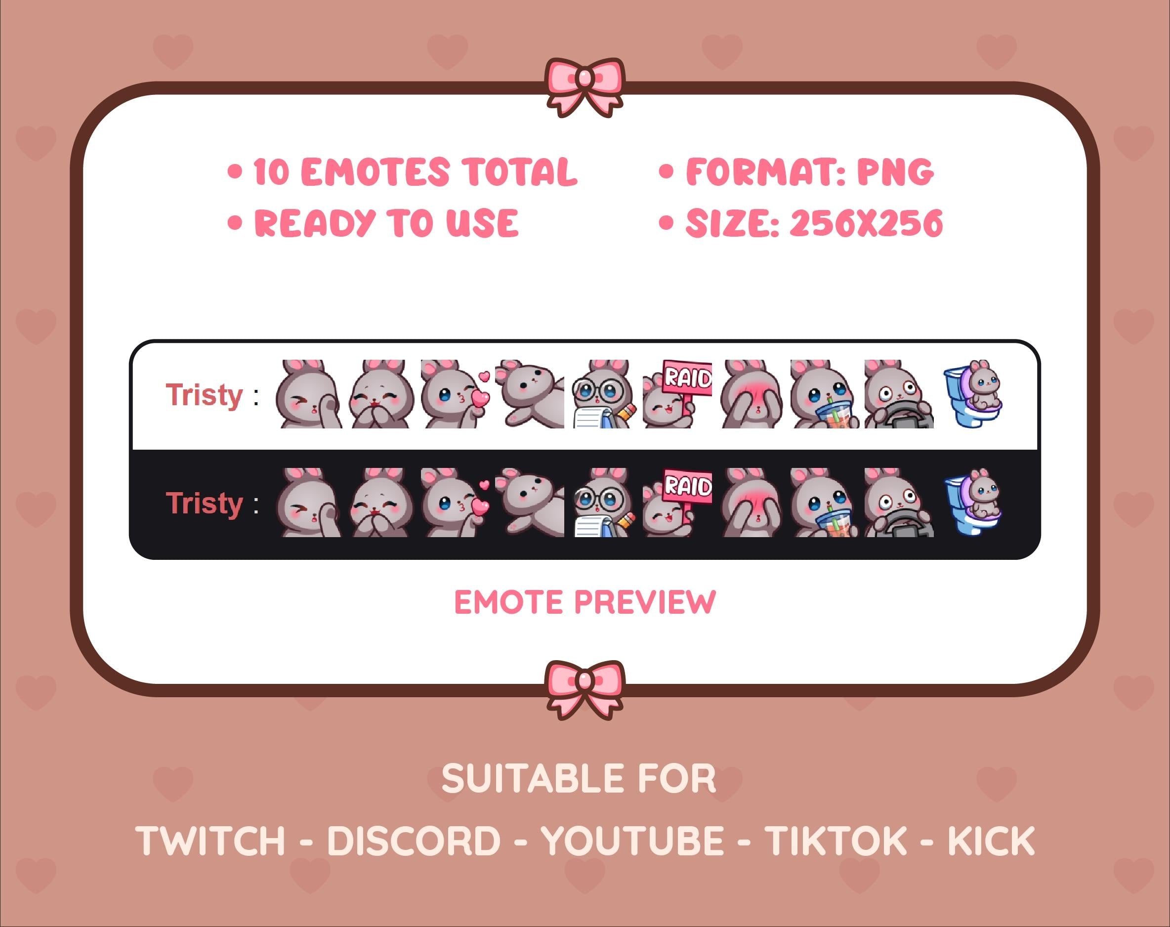 Gray Bunny Twitch emote pack preview displaying all 10 emotes with format and size information.
