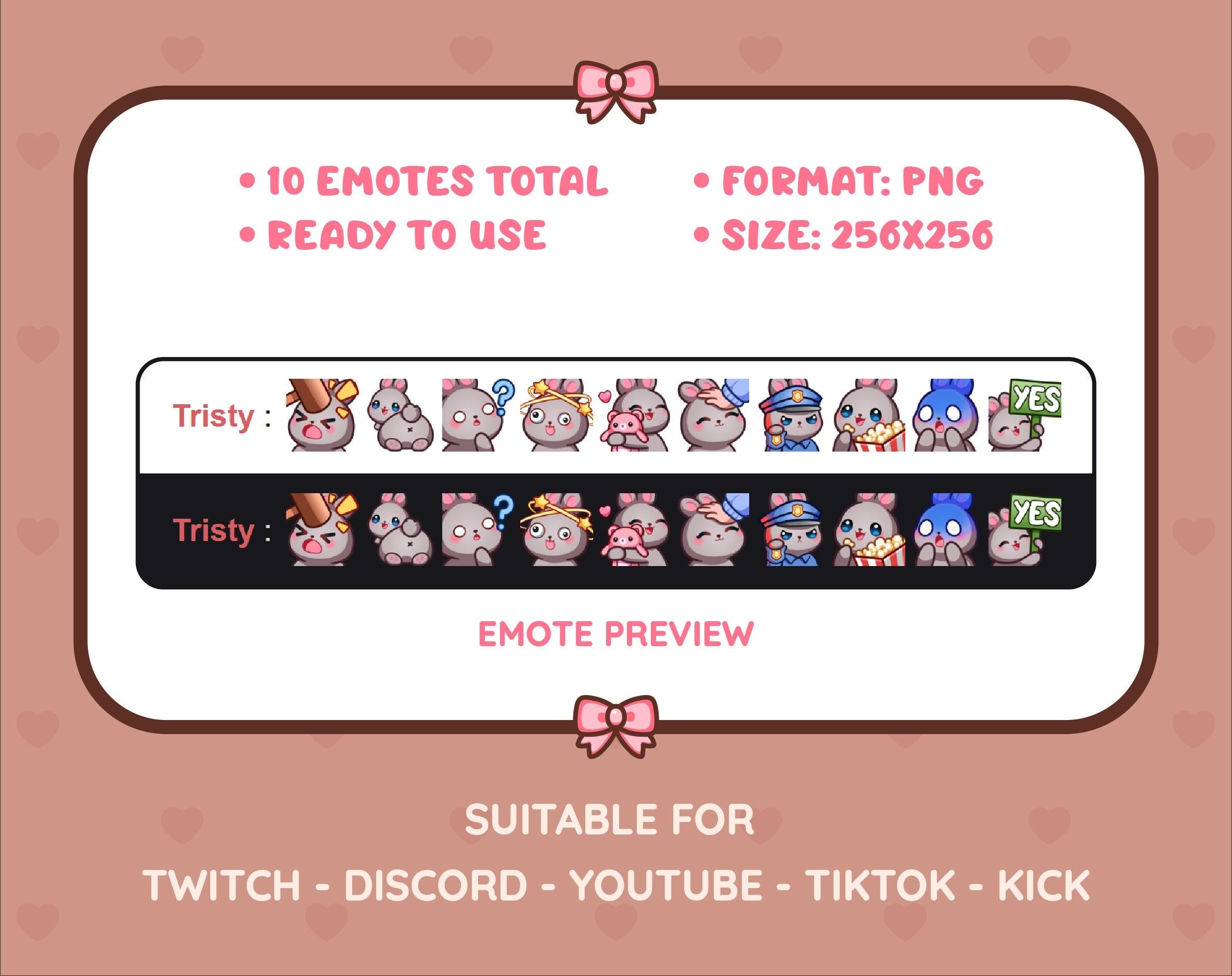Gray Bunny Twitch emote pack preview displaying all 10 emotes with format and size information.