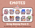 Gray Bunny Twitch emote pack featuring 10 emotes including hug, scared, bonk, and popcorn.