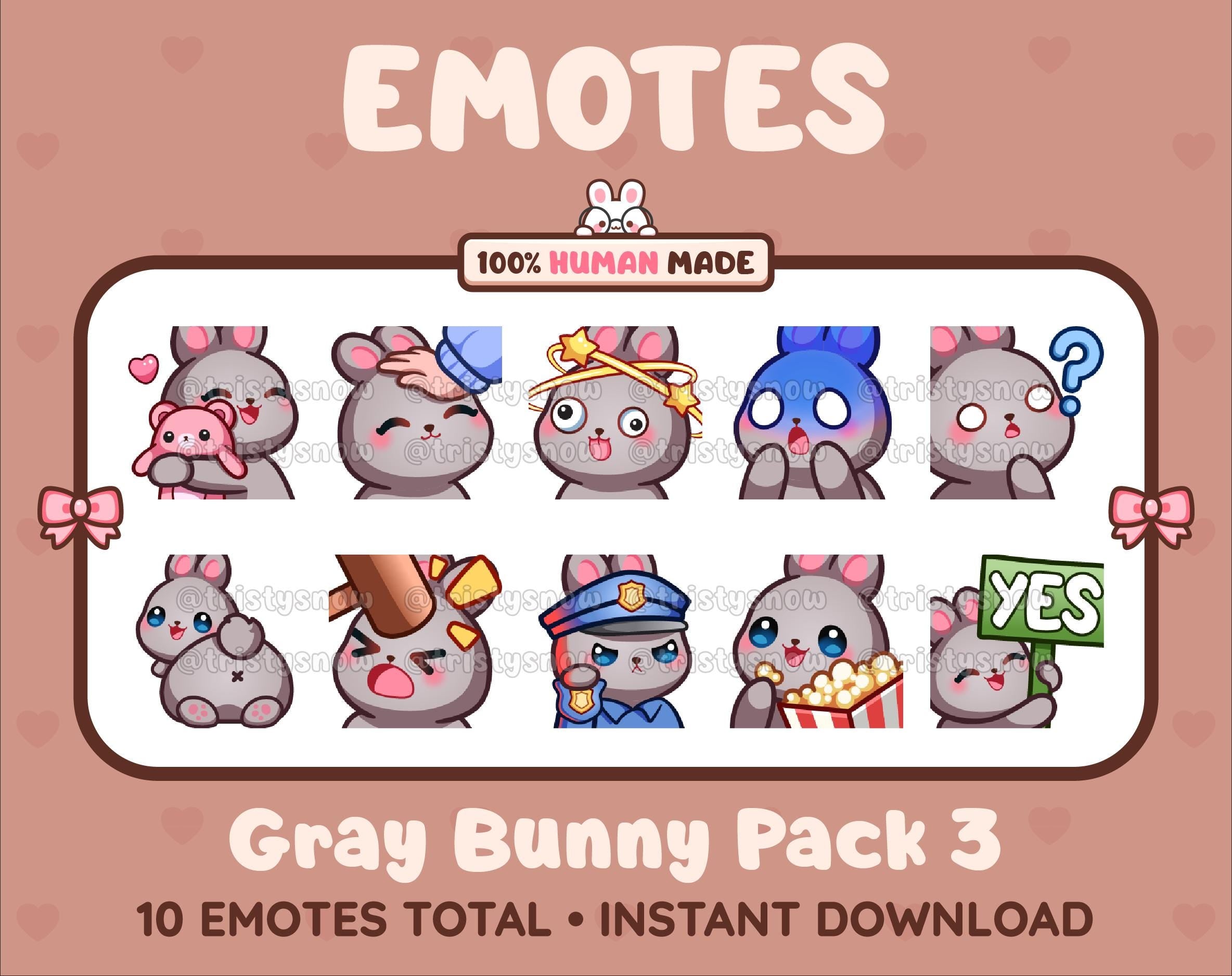 Gray Bunny Twitch emote pack featuring 10 emotes including hug, scared, bonk, and popcorn.