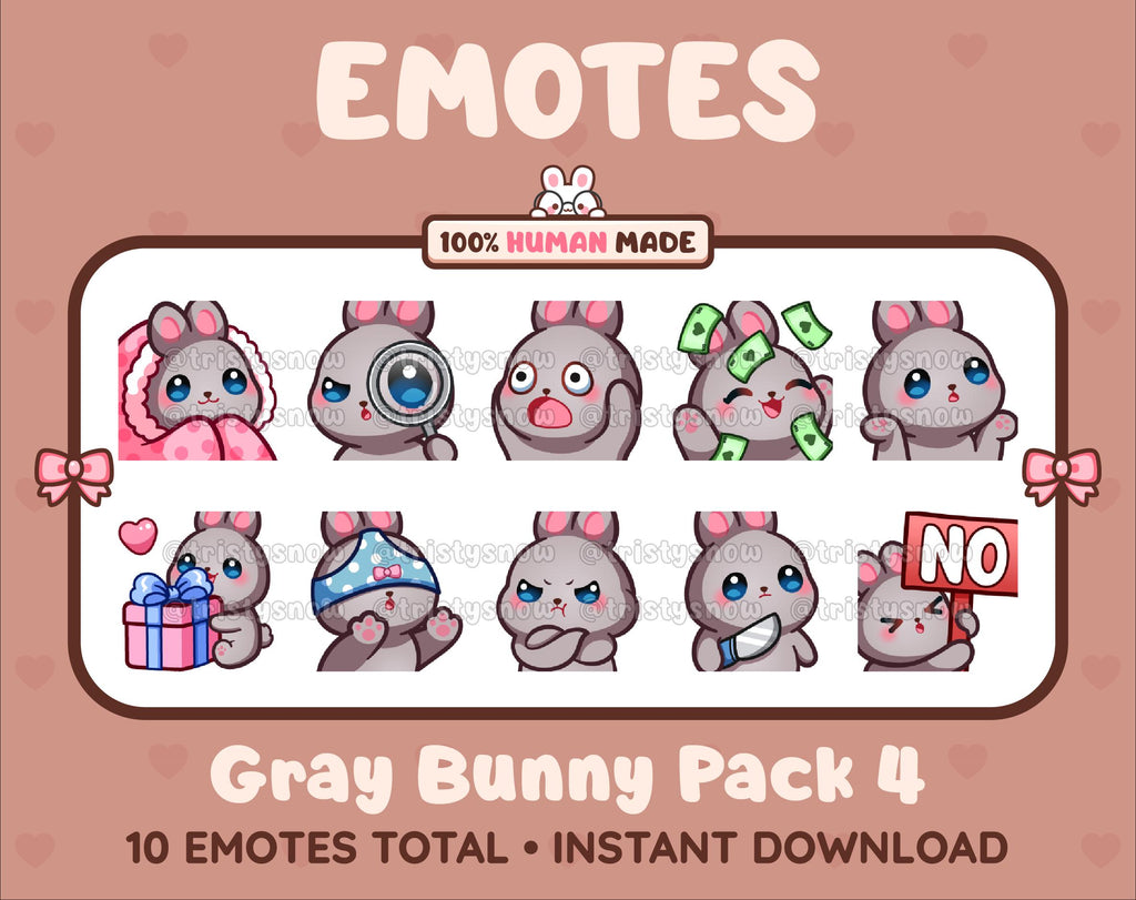 Gray Bunny Twitch emote pack featuring 10 emotes including cozy, sus, panic, and shrug.