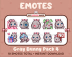 Gray Bunny Twitch emote pack featuring 10 emotes including cozy, sus, panic, and shrug.