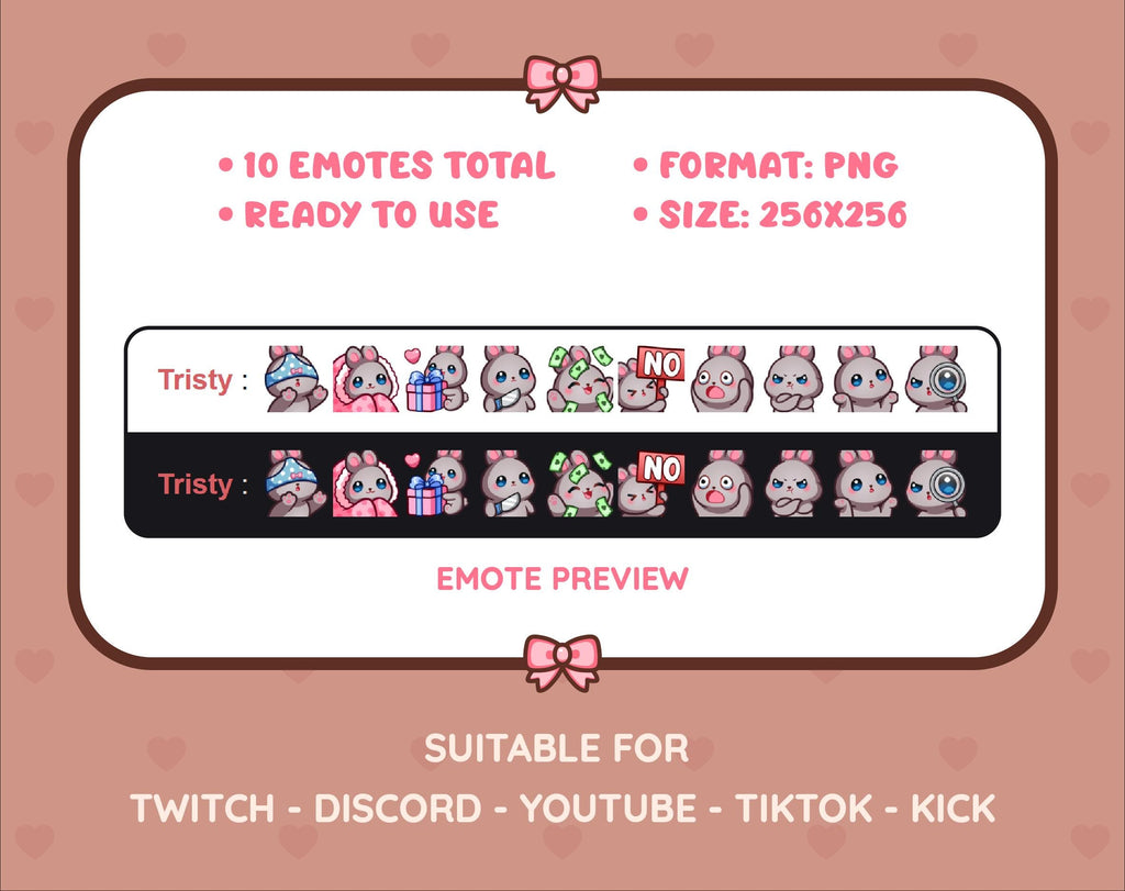 Gray Bunny Twitch emote pack preview displaying all 10 emotes with format and size information.
