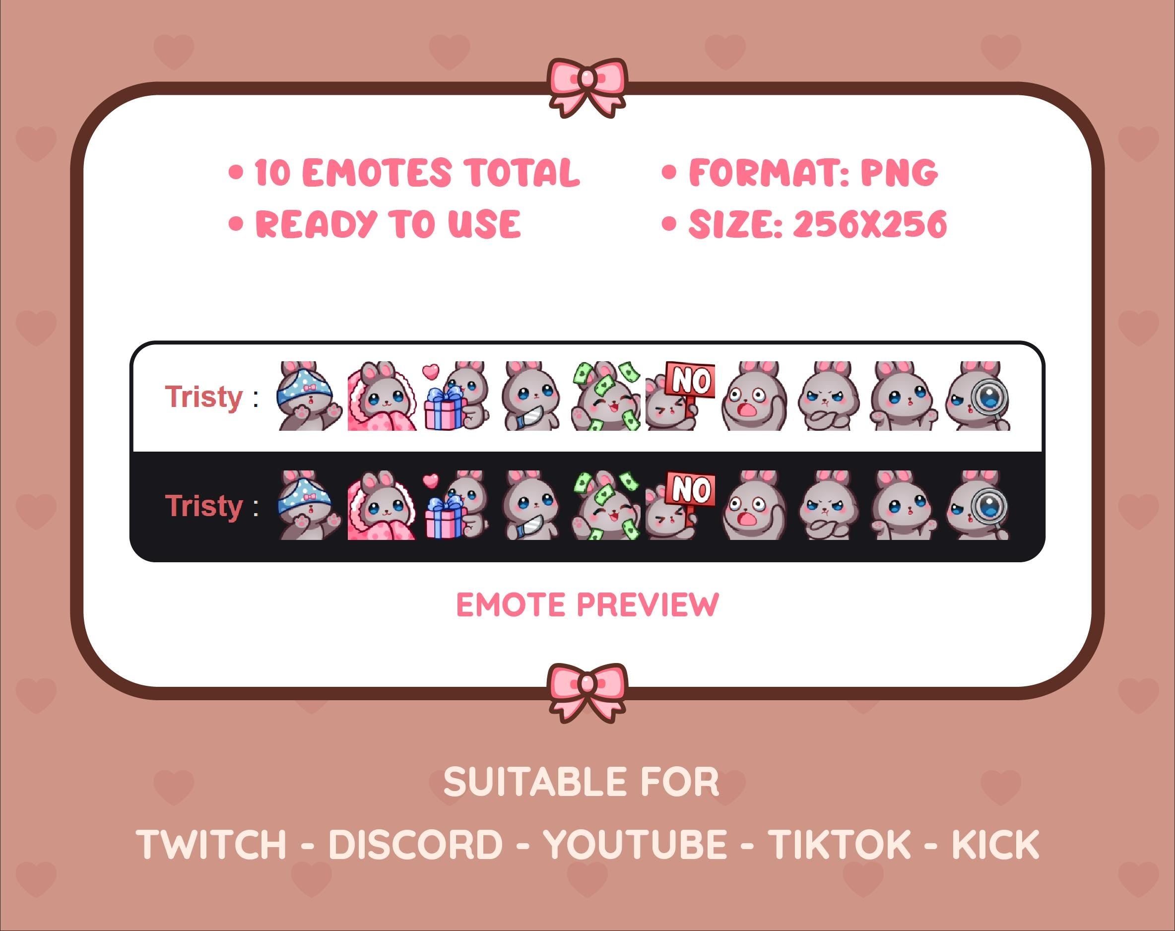 Gray Bunny Twitch emote pack preview displaying all 10 emotes with format and size information.