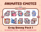 Gray Bunny animated Twitch emote pack featuring 10 emotes including GG, angry, cry, and hype.