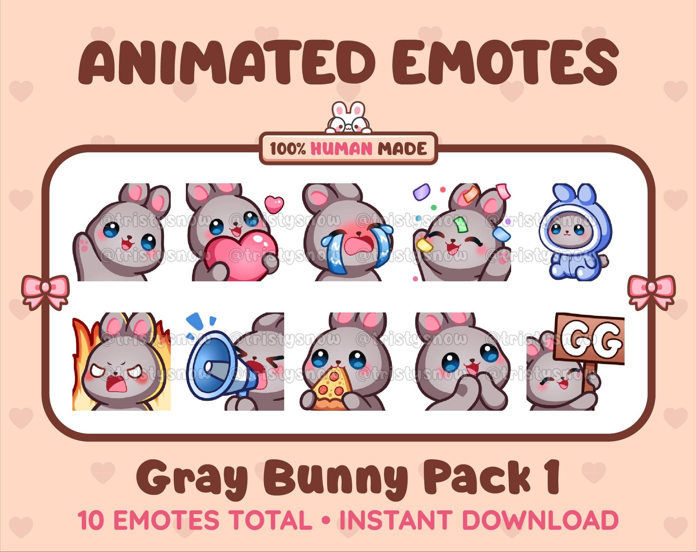Gray Bunny animated Twitch emote pack featuring 10 emotes including GG, angry, cry, and hype.