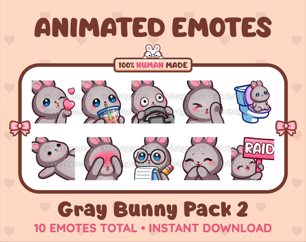 Gray Bunny animated Twitch emote pack featuring 10 emotes including kiss, facepalm, shy, and raid.
