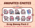 Gray Bunny animated Twitch emote pack featuring 10 emotes including kiss, facepalm, shy, and raid.