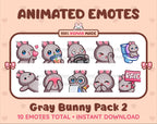 Gray Bunny animated Twitch emote pack featuring 10 emotes including kiss, facepalm, shy, and raid.