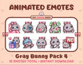 Gray Bunny animated Twitch emote pack featuring 10 emotes including cozy, sus, panic, and shrug.