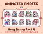 Gray Bunny animated Twitch emote pack featuring 10 emotes including cozy, sus, panic, and shrug.