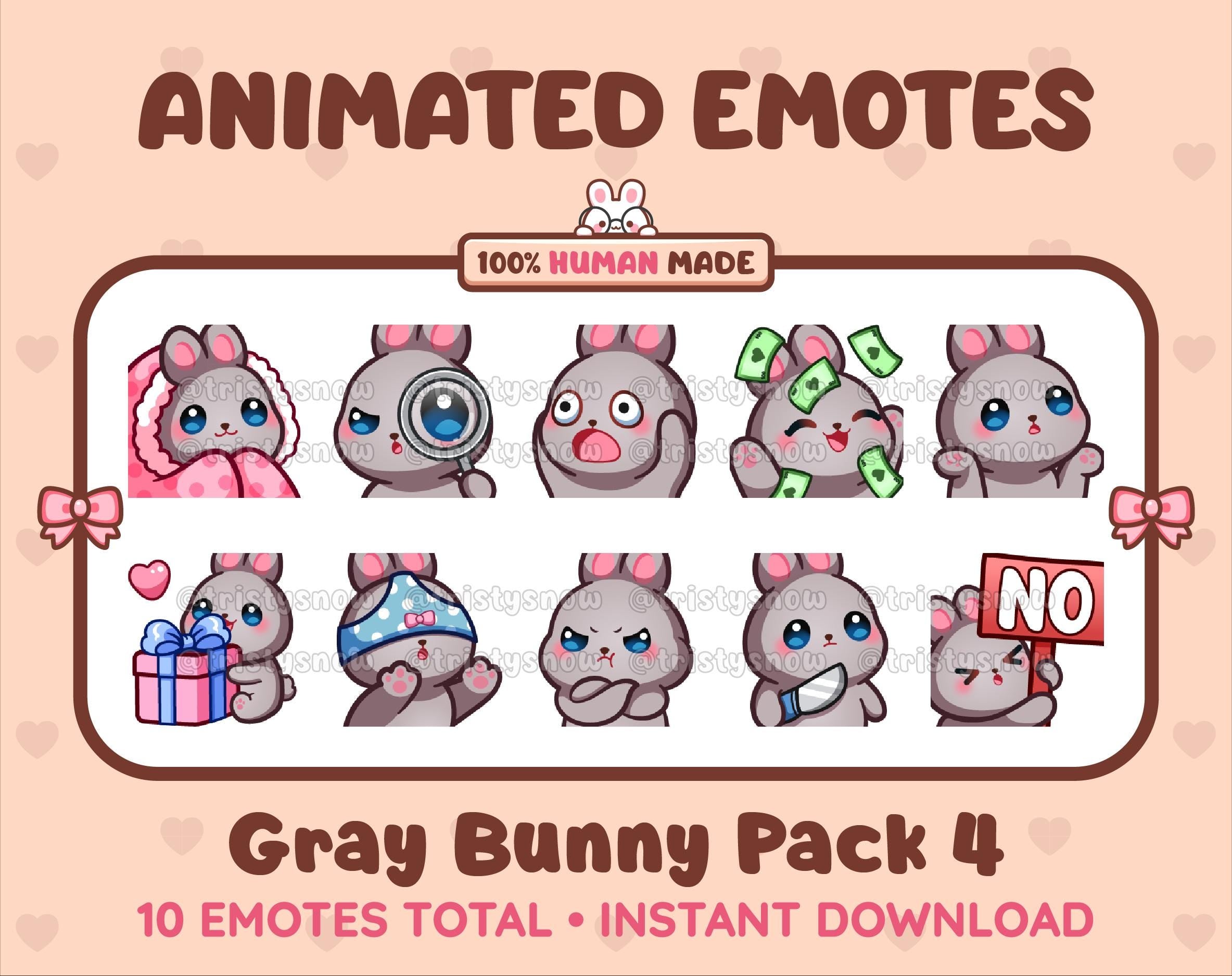 Gray Bunny animated Twitch emote pack featuring 10 emotes including cozy, sus, panic, and shrug.