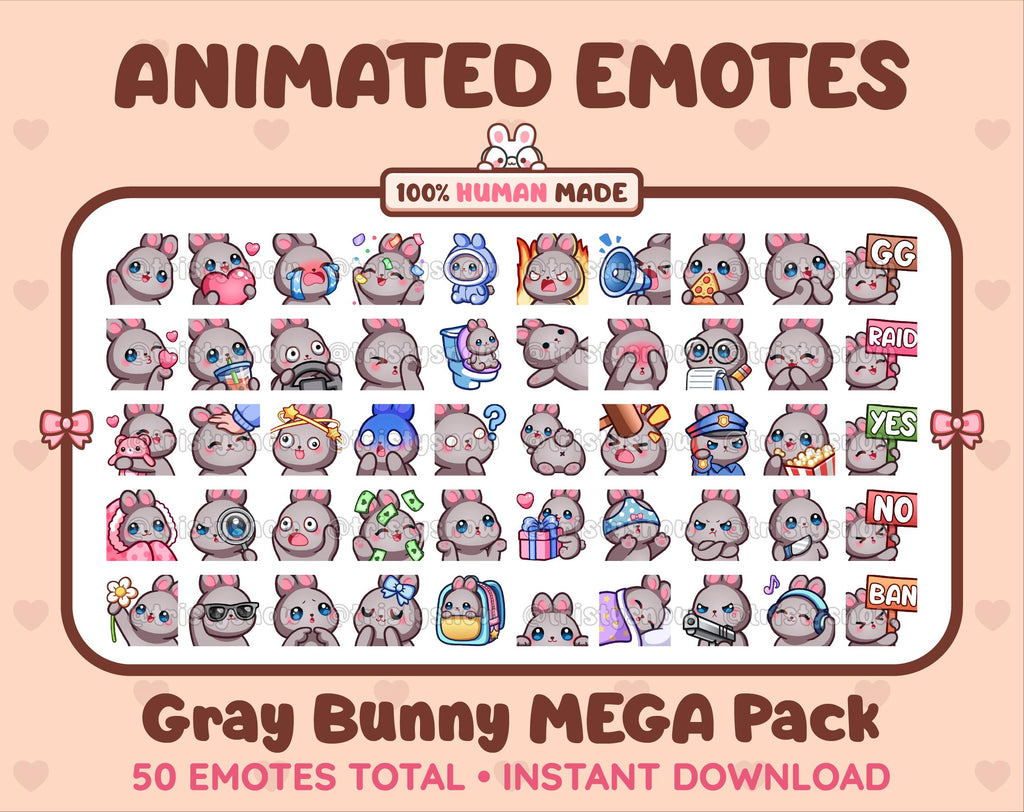 Gray Bunny animated Twitch emote mega pack featuring 50 emotes including hype, kiss, raid, and lurk.