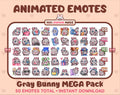 Gray Bunny animated Twitch emote mega pack featuring 50 emotes including hype, kiss, raid, and lurk.