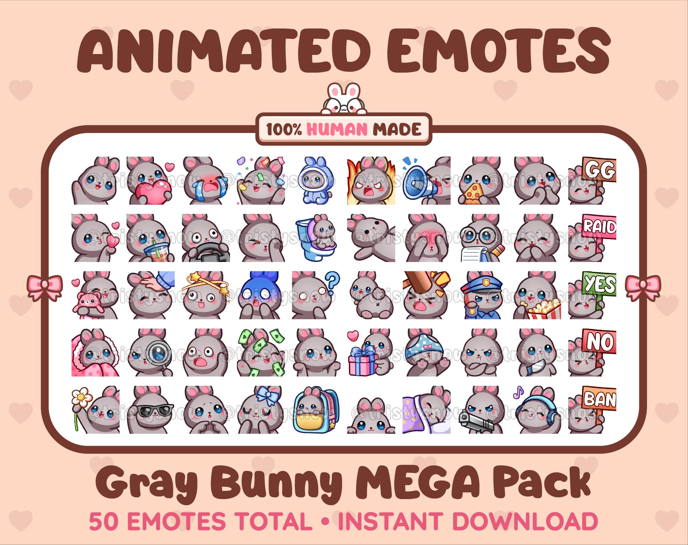 Gray Bunny animated Twitch emote mega pack featuring 50 emotes including hype, kiss, raid, and lurk.