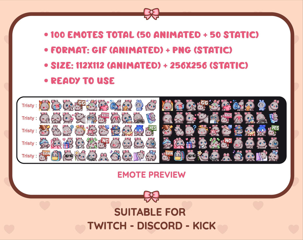 Gray Bunny animated Twitch emote mega pack preview displaying all 50 emotes with format and size information.
