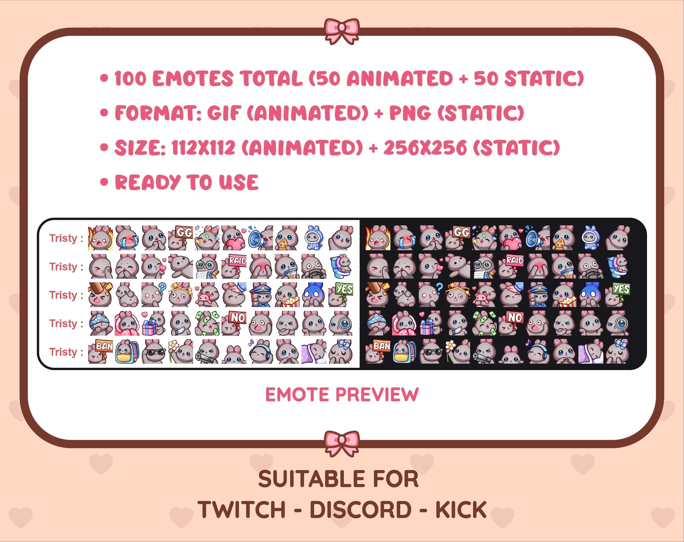 Gray Bunny animated Twitch emote mega pack preview displaying all 50 emotes with format and size information.