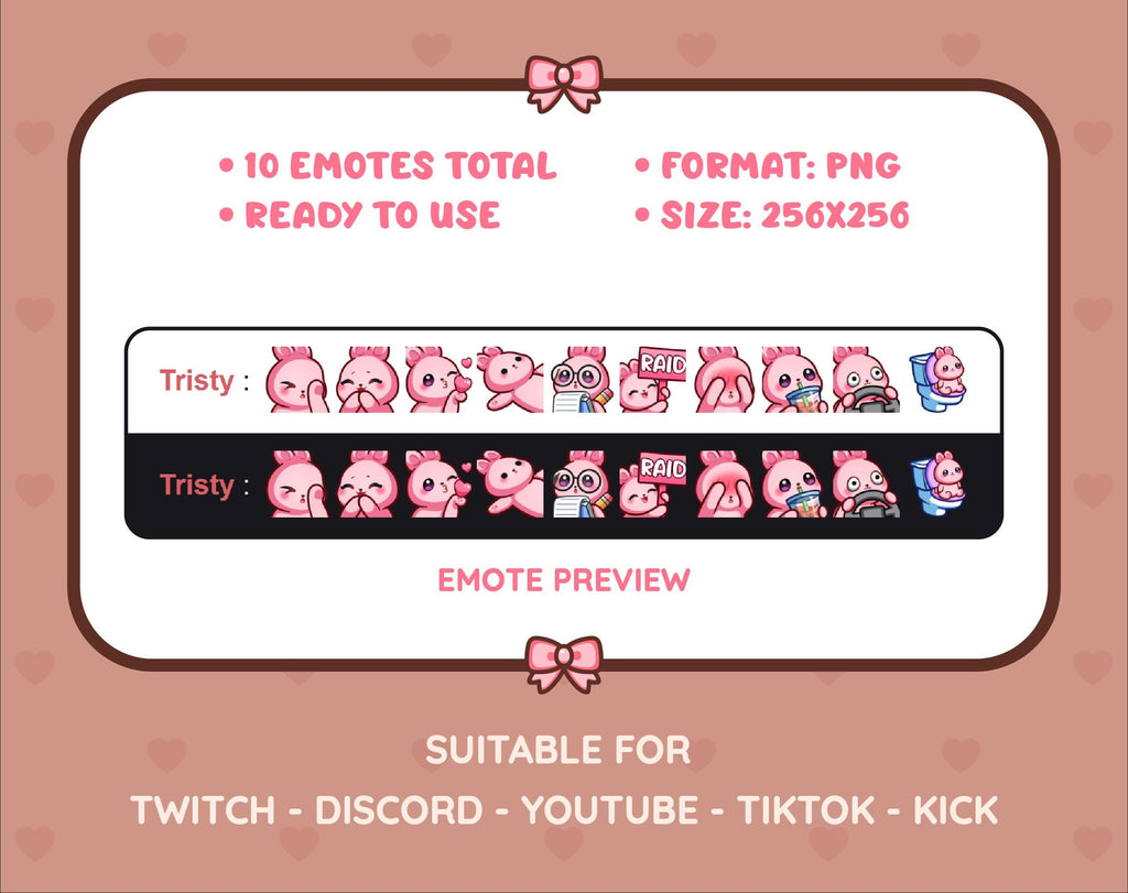 Pink Bunny Twitch emote pack preview displaying all 10 emotes with format and size information.