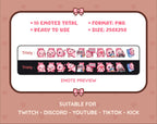 Pink Bunny Twitch emote pack preview displaying all 10 emotes with format and size information.