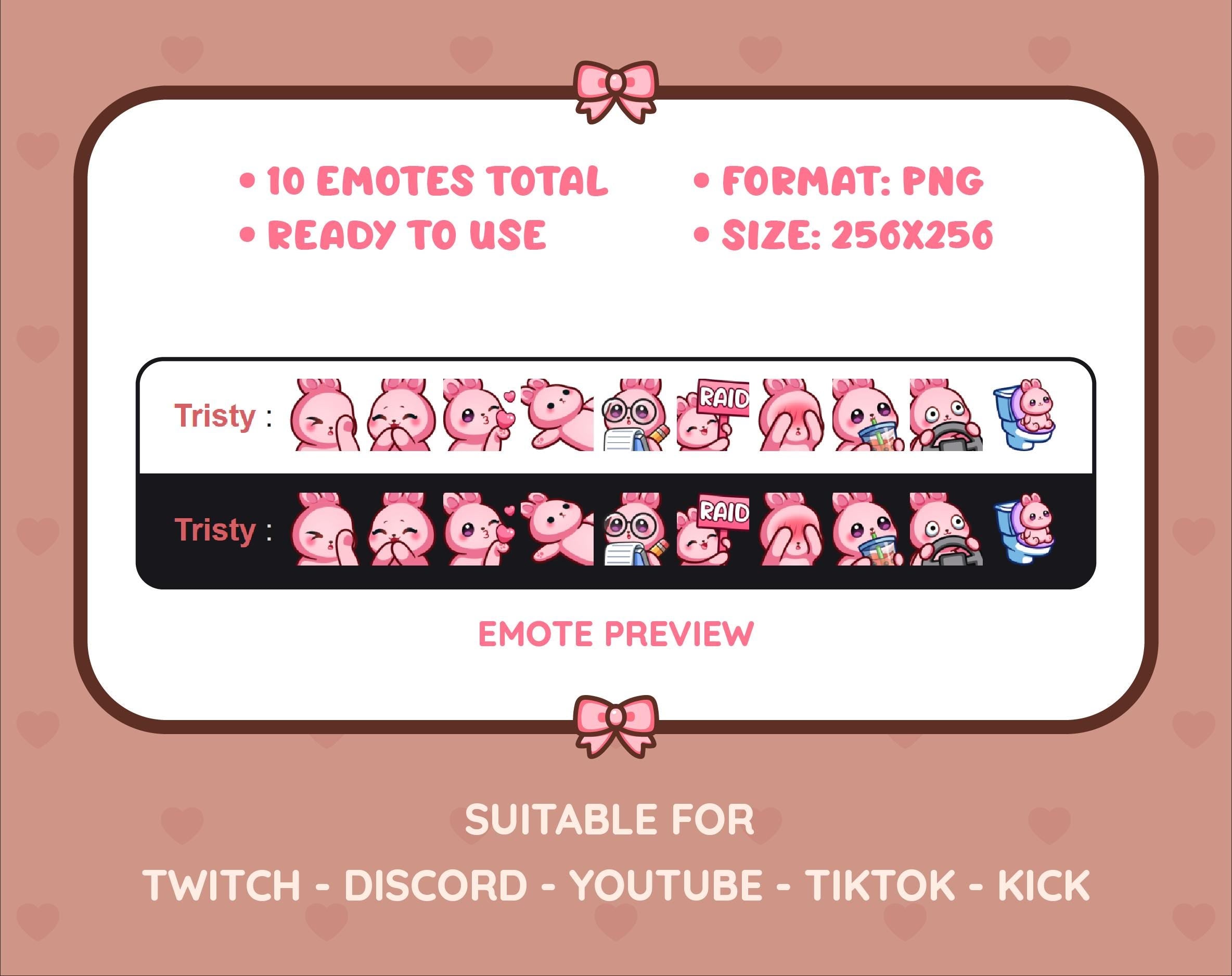 Pink Bunny Twitch emote pack preview displaying all 10 emotes with format and size information.