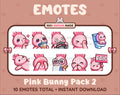 Pink Bunny Twitch emote pack featuring 10 emotes including kiss, facepalm, shy, and raid.
