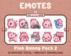 Pink Bunny Twitch emote pack featuring 10 emotes including kiss, facepalm, shy, and raid.