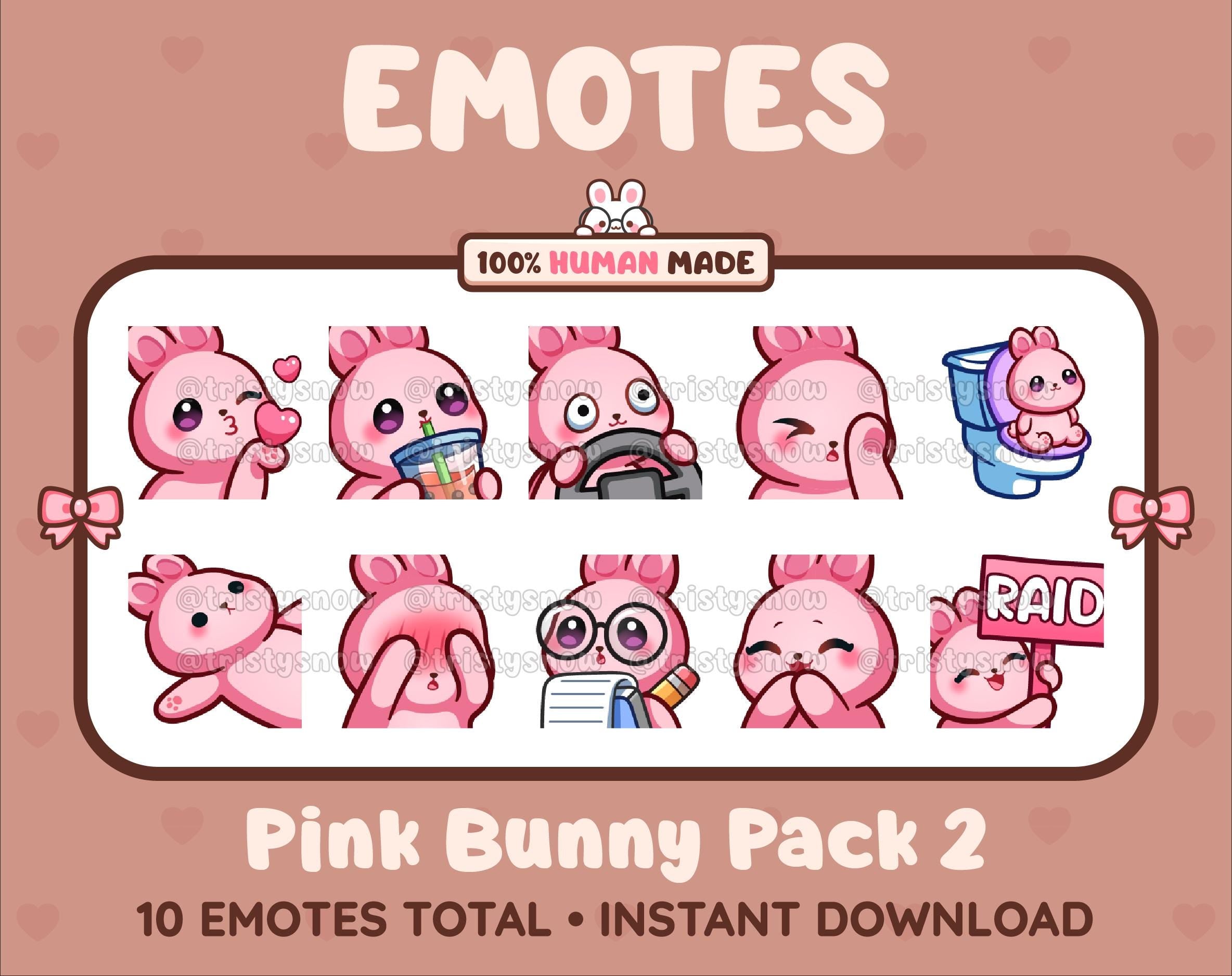 Pink Bunny Twitch emote pack featuring 10 emotes including kiss, facepalm, shy, and raid.