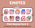 Pink Bunny Twitch emote pack featuring 10 emotes including hug, scared, bonk, and popcorn.