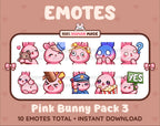 Pink Bunny Twitch emote pack featuring 10 emotes including hug, scared, bonk, and popcorn.