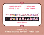 Pink Bunny Twitch emote pack preview displaying all 10 emotes with format and size information.