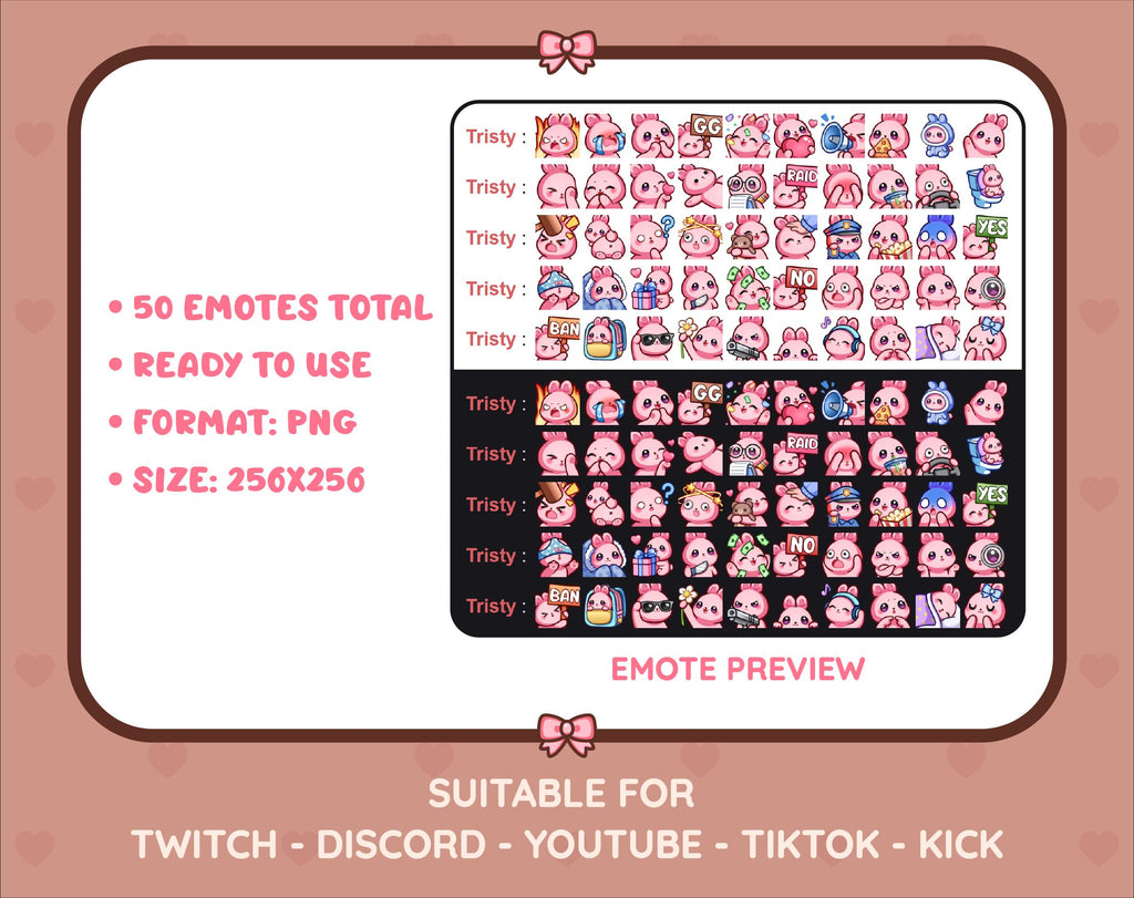 Pink Bunny Twitch emote mega pack preview displaying all 50 emotes with format and size information.