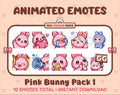 Pink Bunny animated Twitch emote pack featuring 10 emotes including GG, angry, cry, and hype.